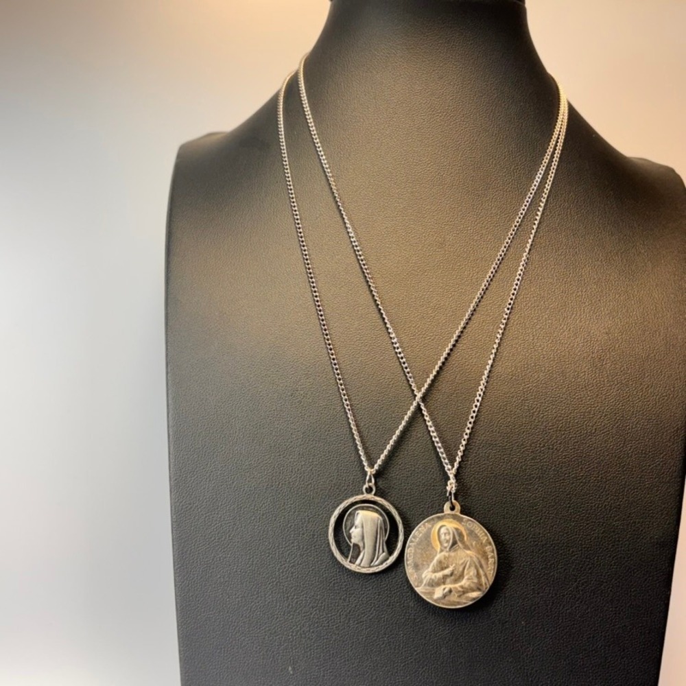 Vintage Religious Medallion Necklace Set Italy Catholic Saint 2pc Intricate